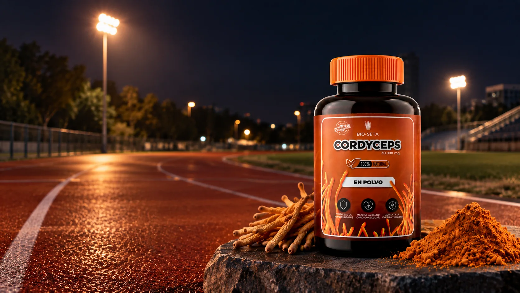 Frasco de Cordyceps en polvo junto a una pista de atletismo de noche